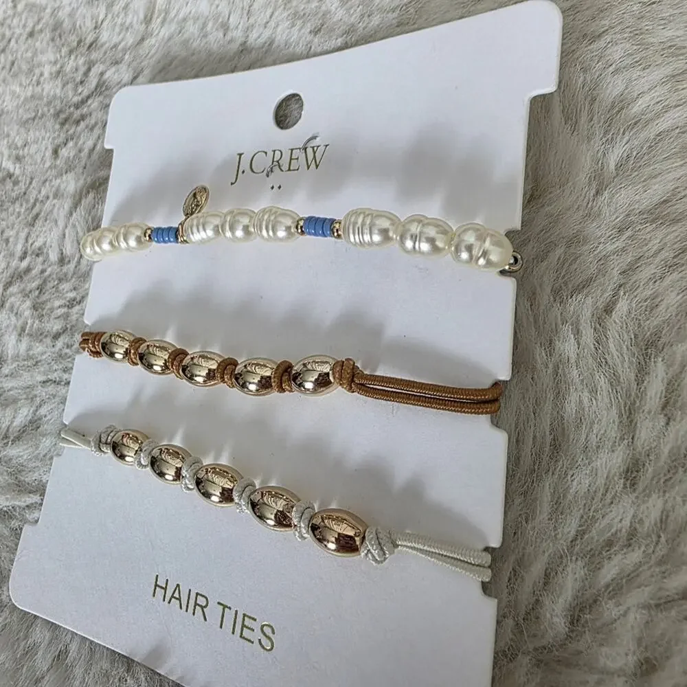 J. Crew Pearl and Metallic Beaded Hair Ties 3-Pack Gold Brass Scrunchies NWT
